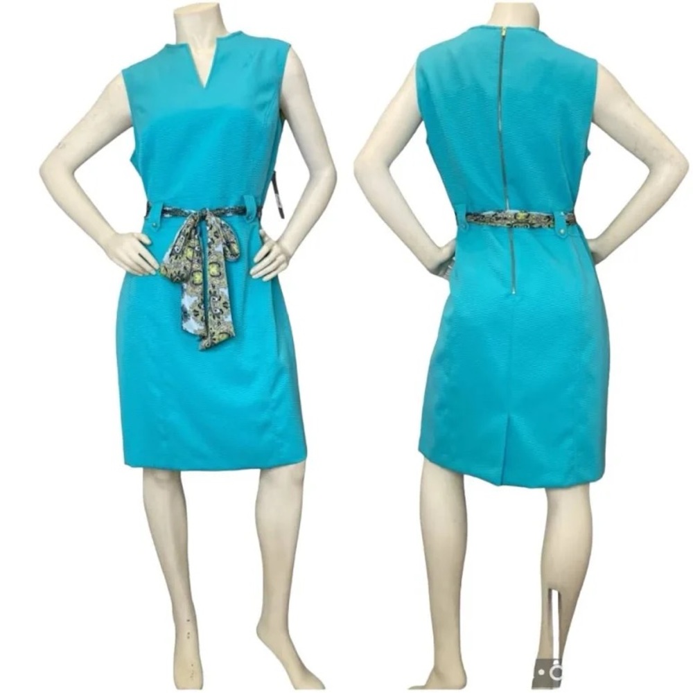 Tahari Arthur S Levine Aqua Blue scarf belted dress knee length dress Size 6